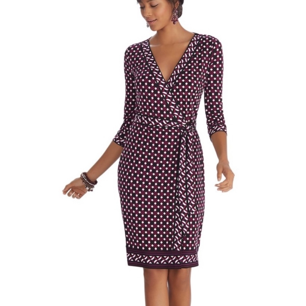 White House Black Market Purple and Black Wrap Dress V-Neck 3/4 Sleeve